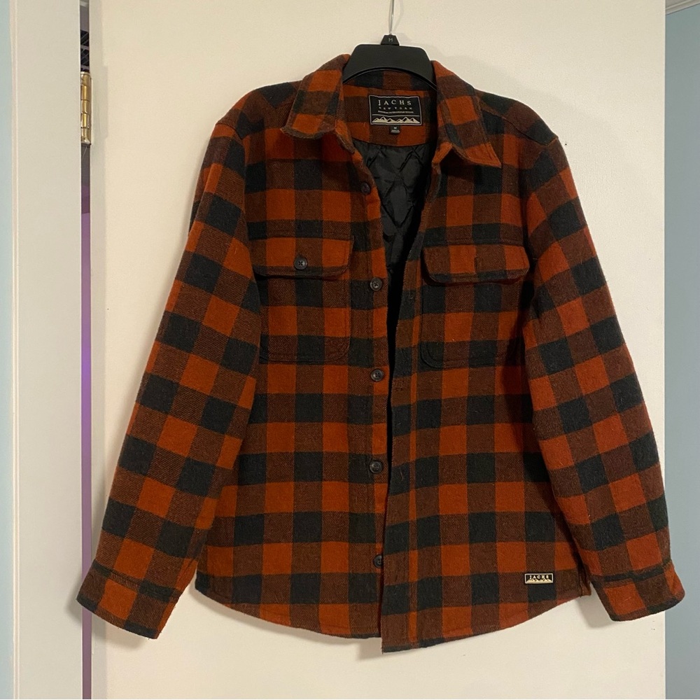 JACHS Mens Lined Flannel Jacket Orange Black Plaid Shacket M Wool Blend Lagen